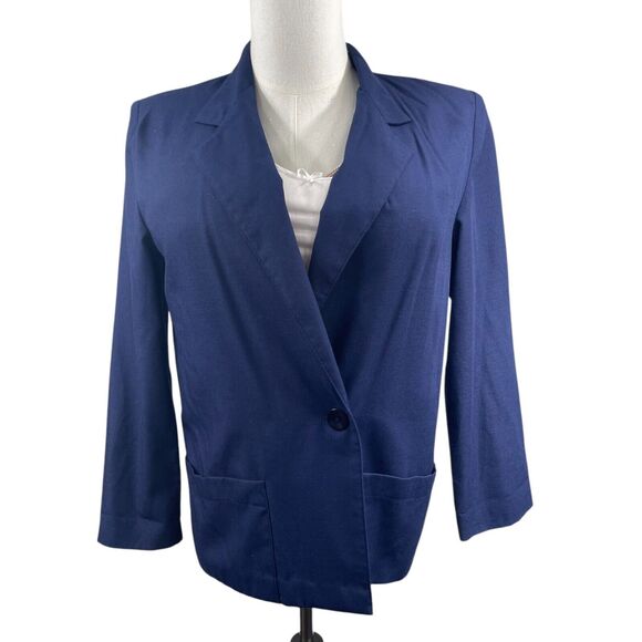 VTG 80s Sag Harbor Navy One Button Blazer L Office Siren Corpcore Shoulder Pads - Picture 1 of 9